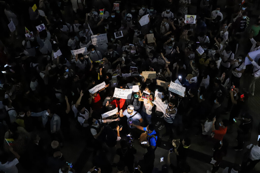 Myanmar protesters in Thailand demonstrating against the military coup.