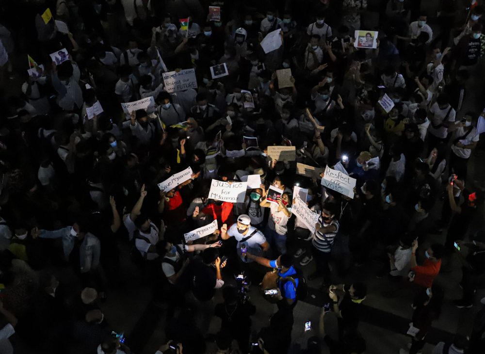 Myanmar protesters in Thailand demonstrating against the military coup.
